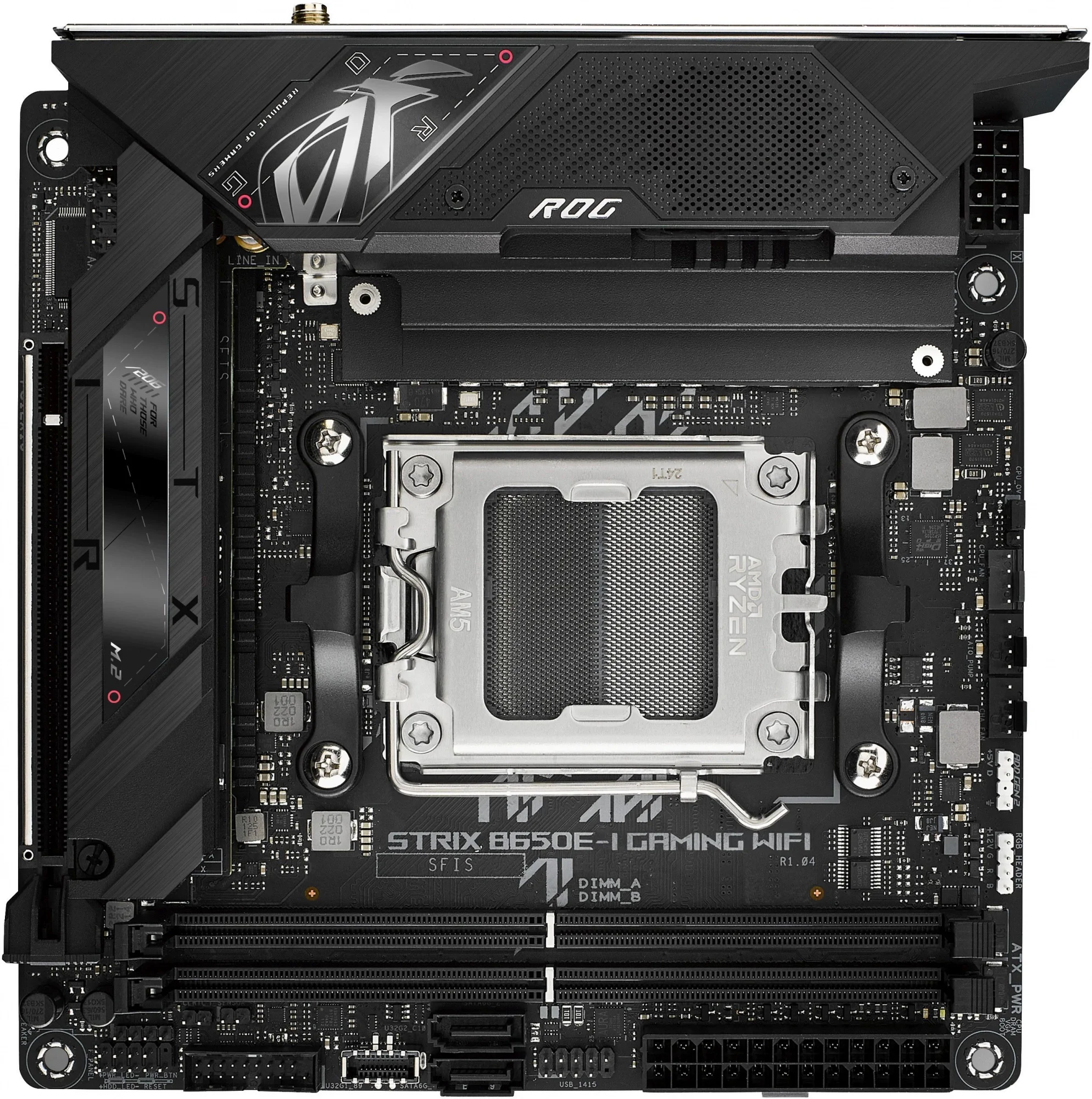 ASUS ROG STRIX B650E-I GAMING WIFI (Socket AM5, mini ITX, 2xDDR5(64GB), HDMI 2.1, 1xPCIe 5.0x16, 1xLAN (2.5GbE), Wi-Fi 6E, BT, 2xSATA 6Gb/s, 2xM.2, 2xType-C, 4xUSB 3.2, 2xUSB 2.0)