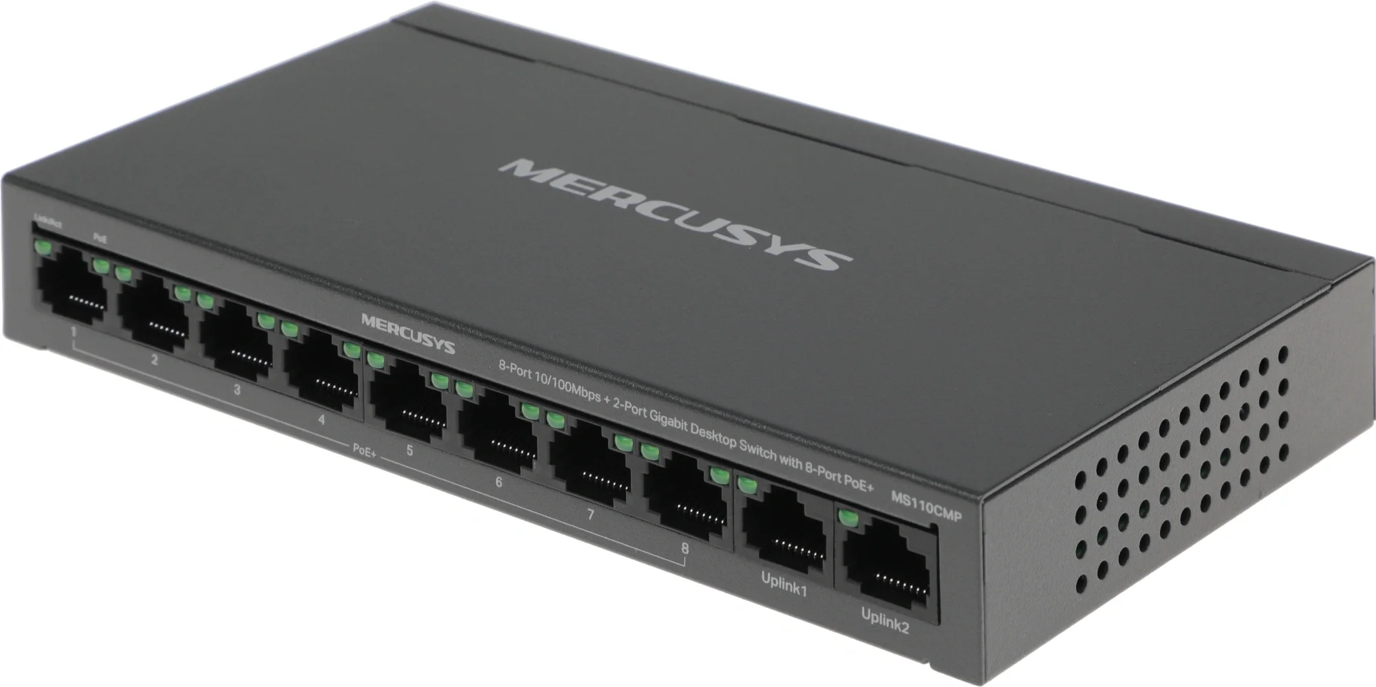 Mercusys MS110CMP Настольный коммутатор с 10 портами, 8x100 Мбит/с, SFP/uplink RJ-45 2x1 Гбит/с, PoE 8x30Вт (макс 115Вт)