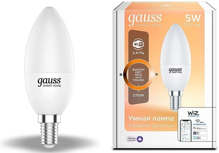 Умная лампа Gauss Smart Home E14, 470лм, свет - теплый белый, 5Вт, свеча, IEEE 802.11 b/g/n, , 1100112