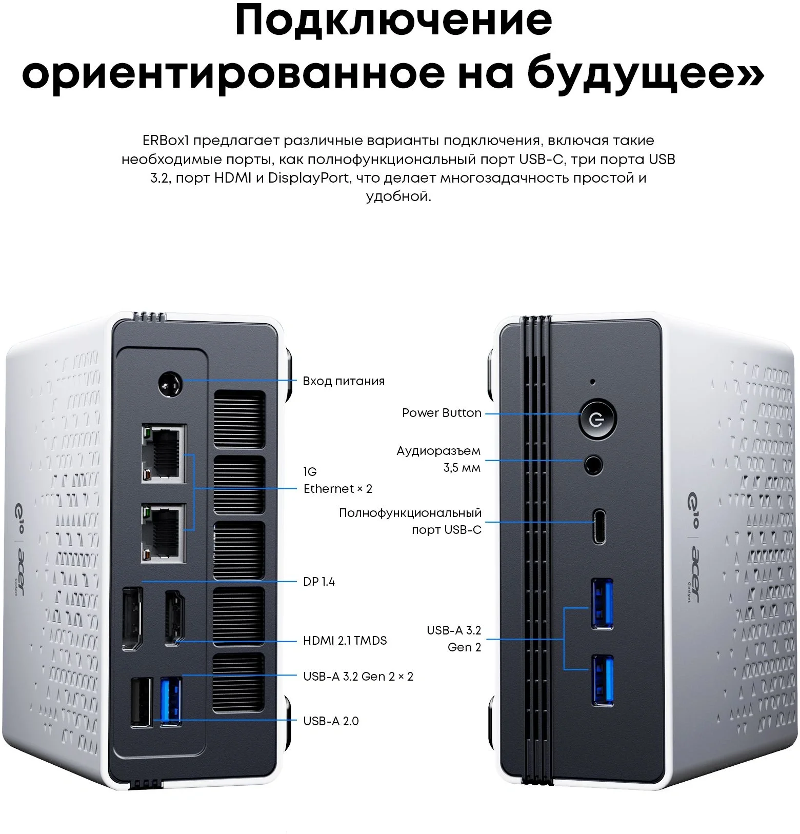 Неттоп Acer Gadget E10 ERBox Ryzen 7 6800H (3.2) 16Gb SSD512Gb 680M Windows 11 Pro 2xGbitEth WiFi BT 120W черный/белый