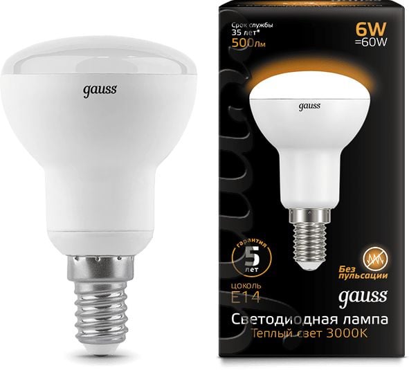 Лампа светодиодная Gauss R50 6Вт цок.:E14 рефлек. 220B 3000K св.свеч.бел.теп.  (упак.:10шт)  (106001106)