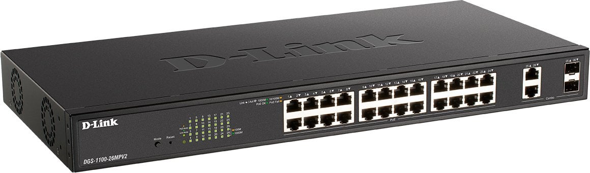 Коммутатор D-Link DGS-1100-26MPV2/A3A, настраиваемый L2 PoE, 24×1GbE PoE+2×SFP, 370W