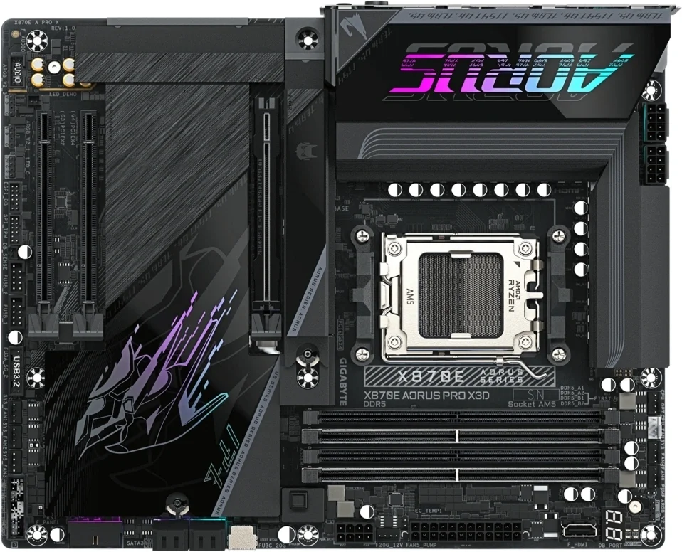 Материнская плата Gigabyte X870E AORUS PRO X3D, AM5, AMD X870E, 4xDDR5, 4xSATA, 4xM.2, 1xPCIe 5.0 x16, 1xPCIe 4.0 x16, 1xPCIe 3.0 x16, 1xHDMI, 1x5Gb LAN, Wi-Fi 7, Bluetooth 5.4, 2xUSB-C 40Gbps (USB4), 2xUSB-C 10Gbps, 5xUSB-A 10Gbps, 3xUSB-A 5Gbps, 3x3.5 мм + S/PDIF оптический, 7.1, чёрный, ATX