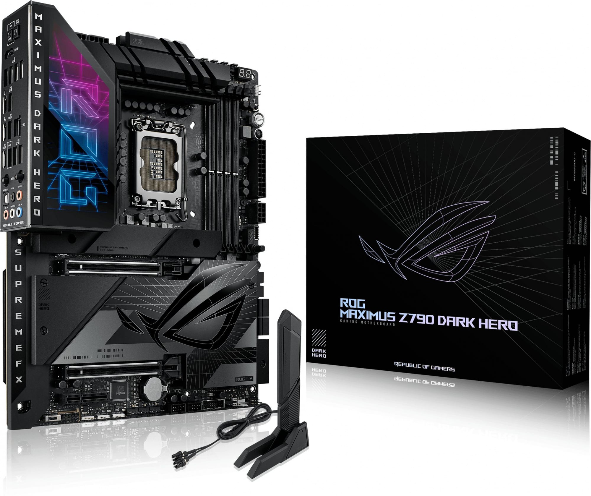 ASUS ROG MAXIMUS Z790 DARK HERO (Socket 1700, ATX, 4xDDR5(192GB), HDMI, 2xPCIe 5.0x16/1xPCIe 4.0x4, 1xLAN (2.5GbE), Wi-Fi, BT, 4xSATA 6Gb/s, 5xM.2, 2xThunderbolt 4, 1xType-C, 9xUSB 3.2, 2xPS)