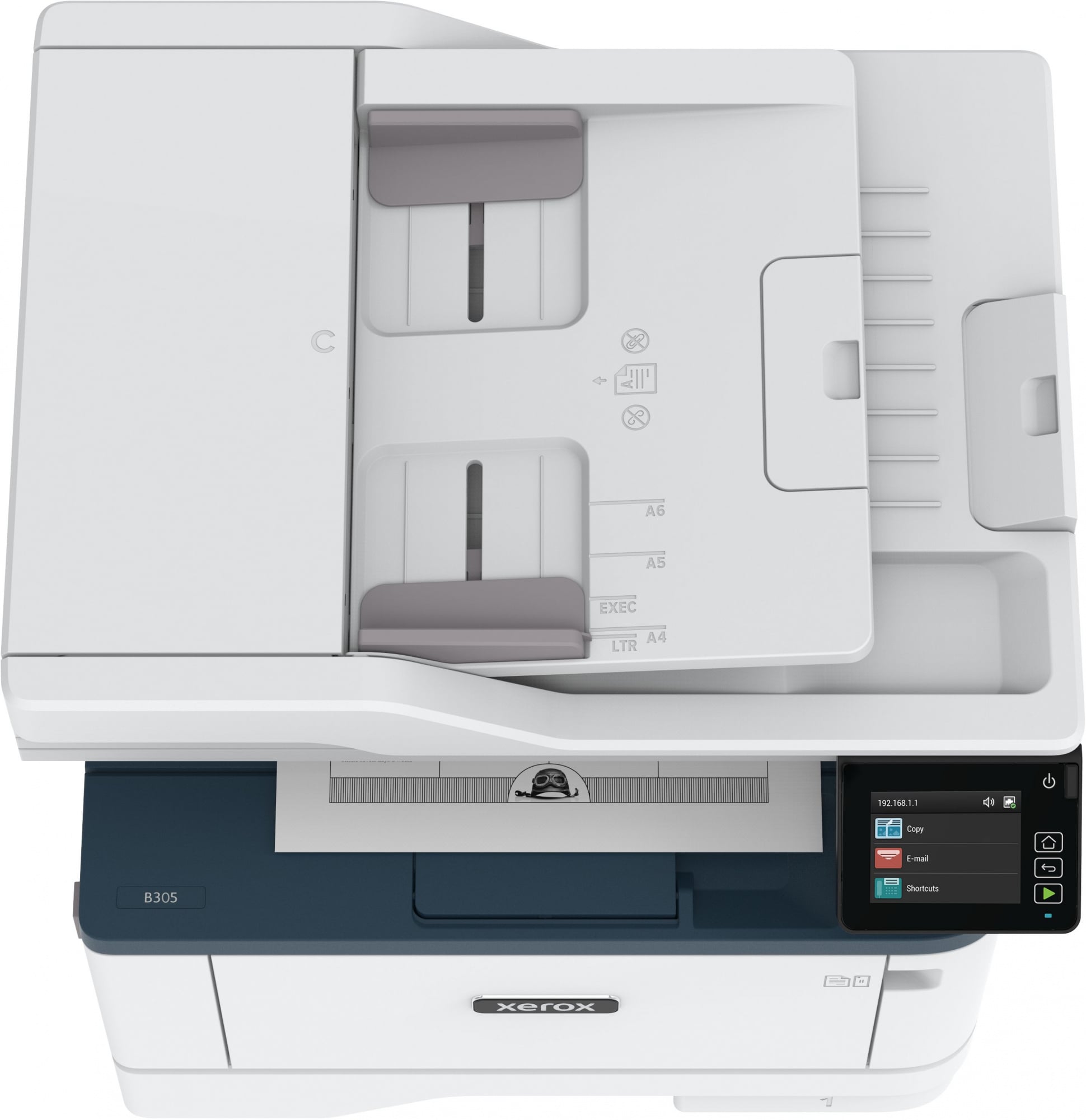 B305V_DNI - Монохромное МФУ, Xerox, B305DNI, B305V_DNI, Лазерное, А4, 38 стр./мин., Подача 350 листов, Односторонний автоподатчик документов, до 46 изобр./мин., Сенсорный дисплей 2.8", 1 ГГц CPU, 512 МБ RAM, USB 2.0, Ethernet 10/100, Wi-Fi