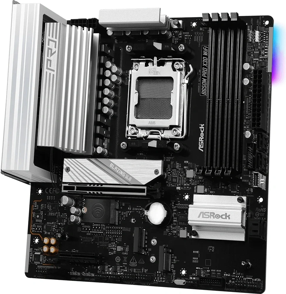 Материнская плата ASRock B650M Pro X3D WiFi, AM5, AMD B650, 4xDDR5, 4xSATA, 3xM.2, 1xPCIe 5.0 x16, 1xPCIe 4.0 x4, 1xHDMI, 1xDP, 1x2.5Gb LAN, Wi-Fi 6E, Bluetooth 5.2, 1xUSB-C 10Gbps, 1xUSB-A 10Gbps, 2xUSB-A 5Gbps, 4xUSB-A 2.0, 3x3.5 мм, 7.1, mATX