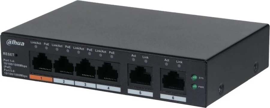 DAHUA DH-CS4006-4GT-60 4-портовый гигабитный PoE коммутатор с функцией облачного управления, 4xRJ45 100Mb, 2xRJ45 1Gb uplink, суммарно 60Вт, коммутация 12Гбит/с, МАС-таблица 8К