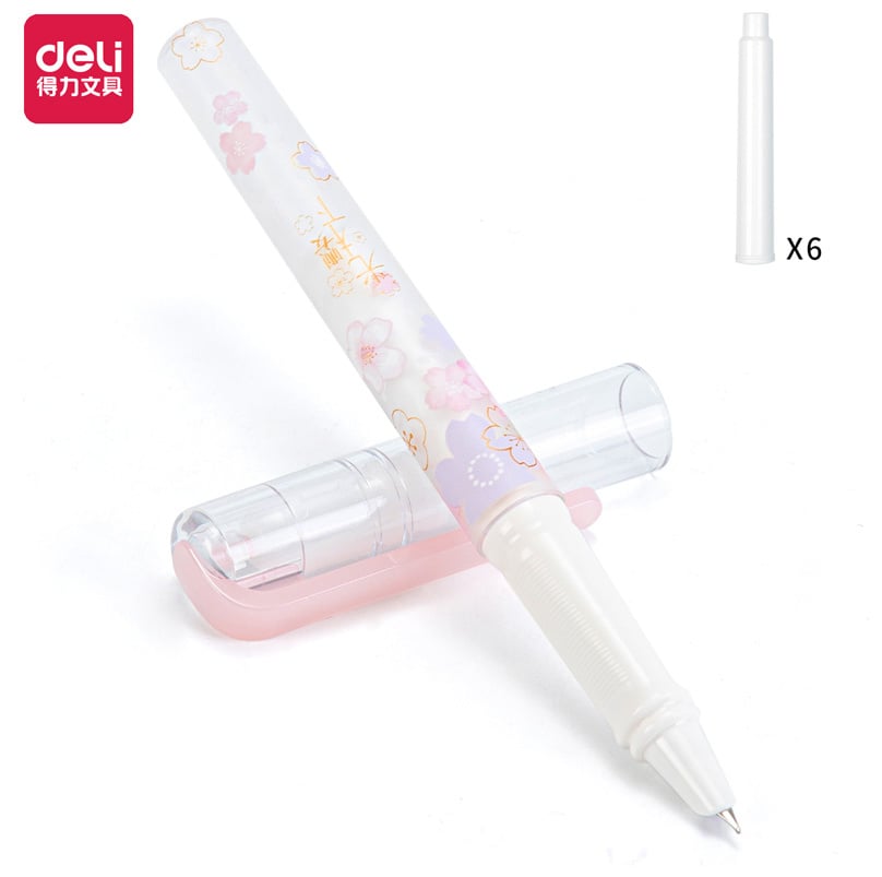 Ручка перьевая Deli Sakura A938, синие чернила, коробка с европодвесом, картридж 6шт
