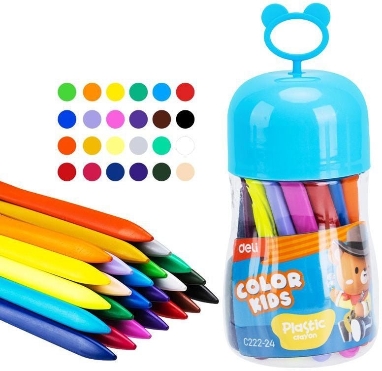 Мелки пластик. Deli EC222-24 Color Kids, трехгранные, 24 цвета (24шт) пластиковая туба голубая