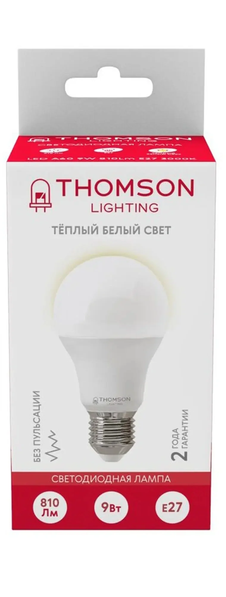 Лампа светодиодная Thomson B2003 9Вт цок.: E27 груша 220B св. свеч. бел. теп. A60 (упак.: 10 шт) (TH-B2003-10)