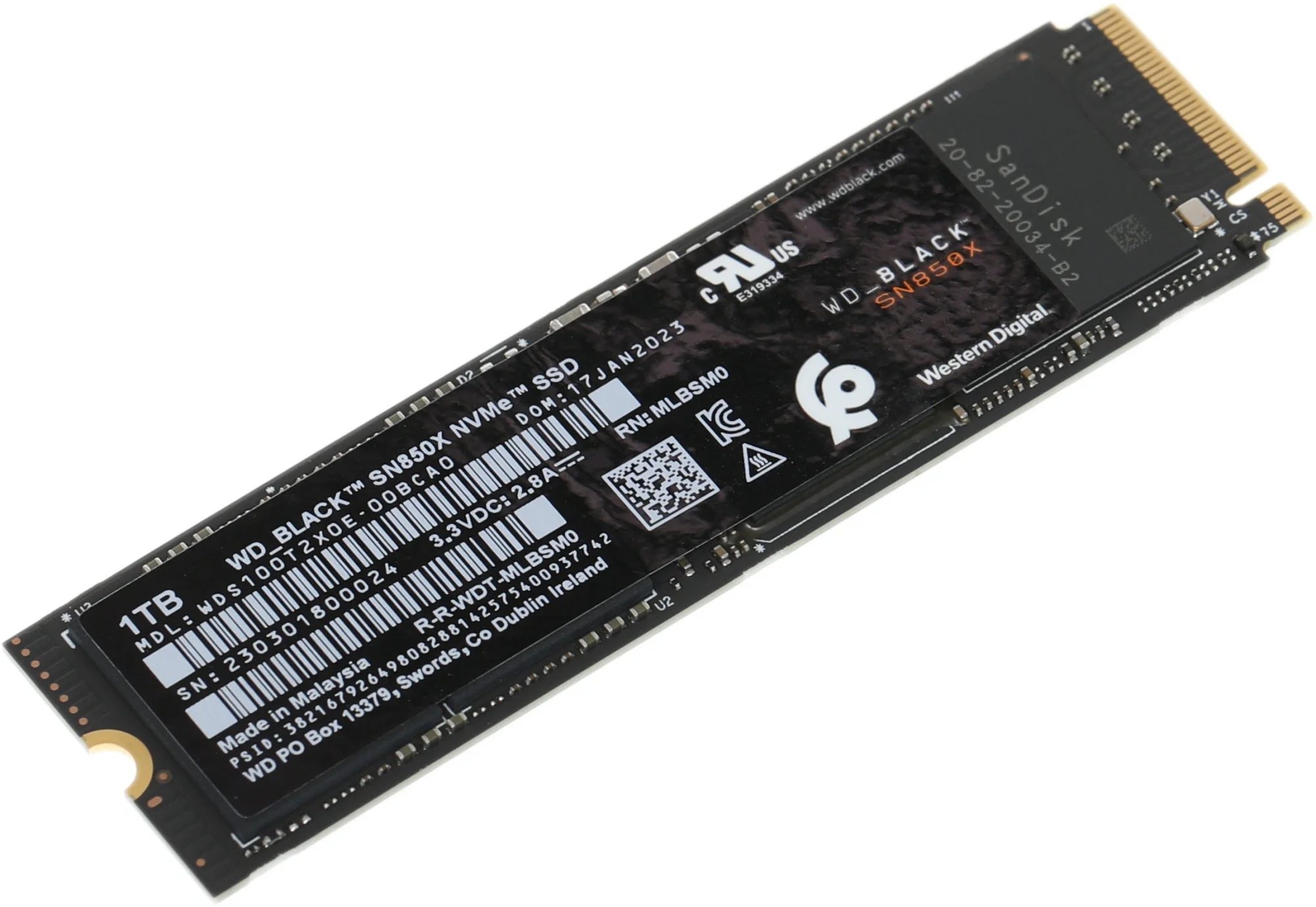 Диск SSD Western Digital - WD_BLACK SN850X, для ноутбука, M.2 2280, 1 ТБ, PCIe 4.0 NVMe x4, speed write-6300МБ/с read-7300МБ/с, WDS100T2X0E