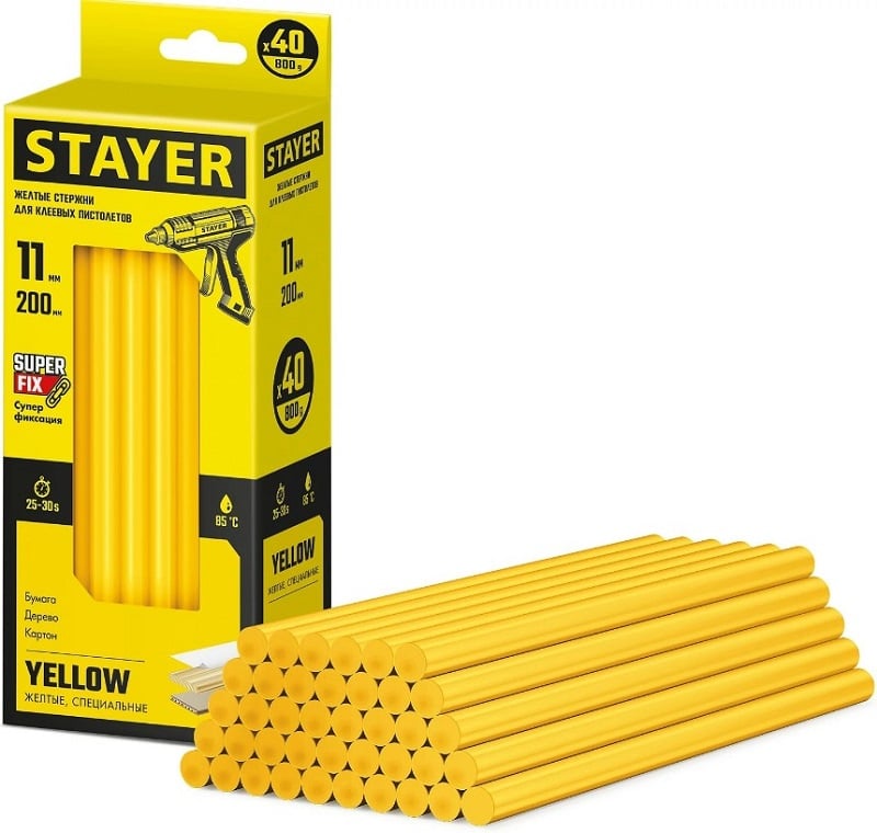 Стержни STAYER "MASTER" для клеевых (термоклеящих) пистолетов, цвет желтый по бумаге и дереву, 11х200мм, 40шт [2-06821-Y-S40]