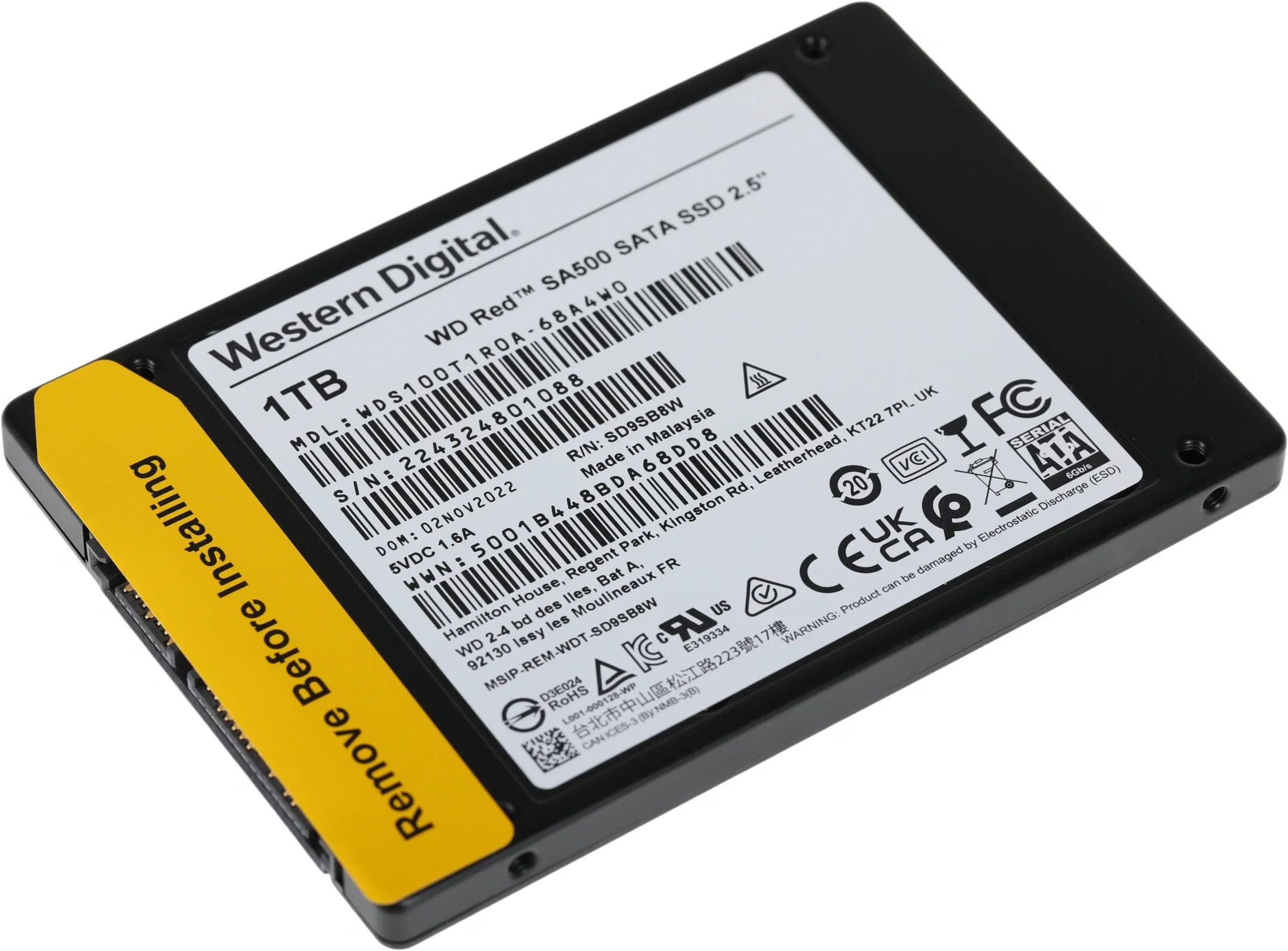 Твердотельные накопители/ WD SSD Red SA500 NAS, 1000GB, 2.5" 7mm, SATA3, R/W 560/530MB/s, IOPs 95 000/85 000, DRAM buffer, TBW 600, DWPD 0.4 (12 мес.)
