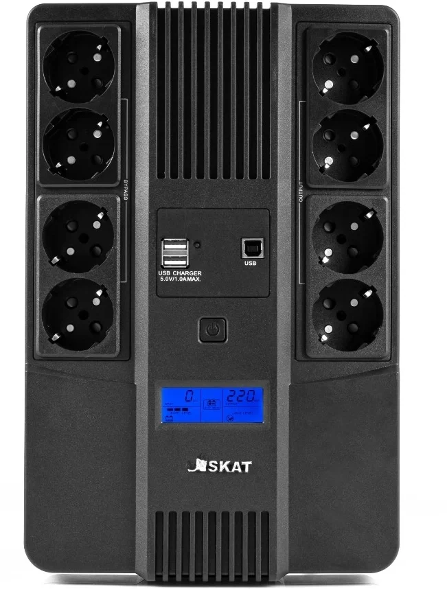 SKAT-UPS 1000-AID-IN-1X9-8 ИБП 1000ВА/600Вт, мод.синус, LCD, встр. АКБ (1х9Ач), 8хSchuko,1xUSB