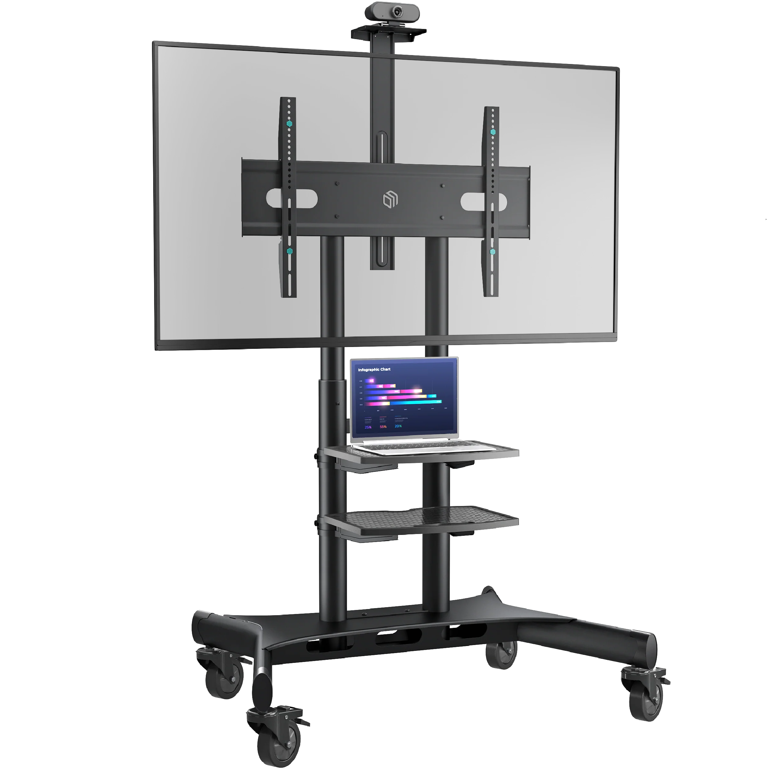 Мобильная стойка ONKRON TS1881 BLACK на 1 ТВ/ 55-80" от 200х200 до 800х500, макс нагр 90,9кг, 2 полки, высота 1050-1650мм, черный