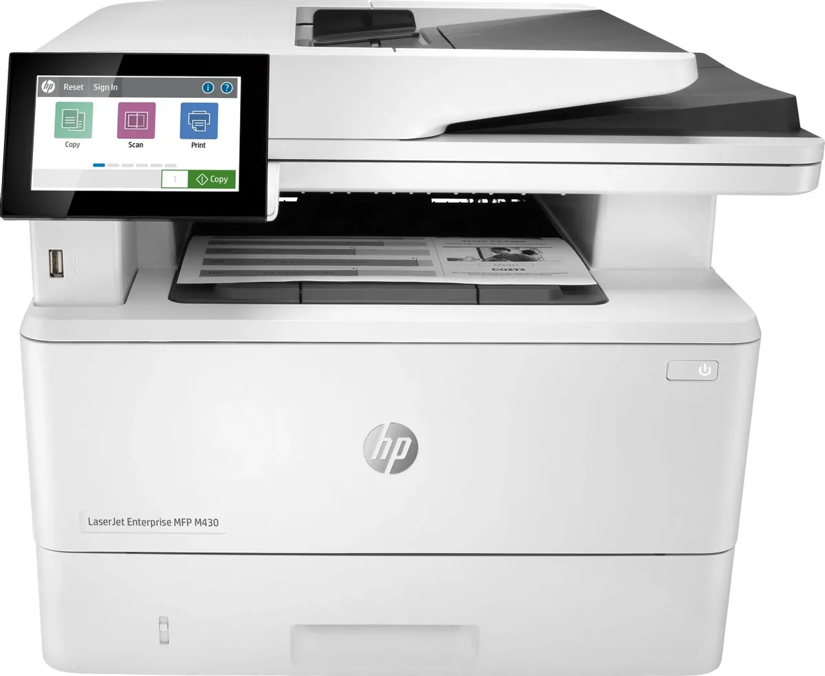 HP LaserJet Pro M430f (3PZ55A) A4 Duplex Net белый/черный (A4,38стр/мин,2Gb,LCD,лазерное МФУ,факс,USB2.0,сетевой,двуст.печать,DADF)