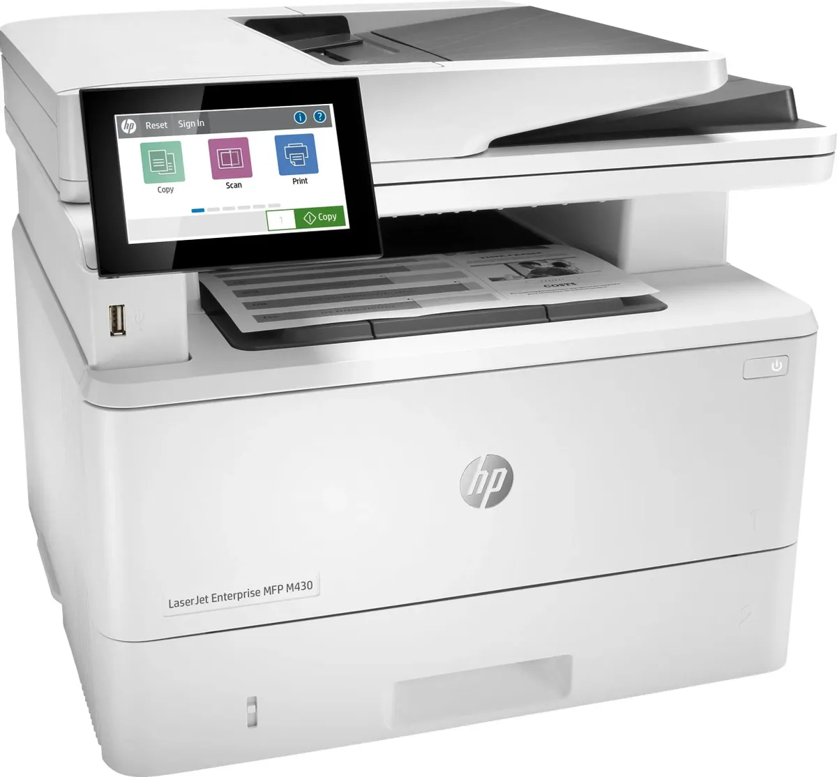 HP LaserJet Pro M430f (3PZ55A) A4 Duplex Net белый/черный (A4,38стр/мин,2Gb,LCD,лазерное МФУ,факс,USB2.0,сетевой,двуст.печать,DADF)