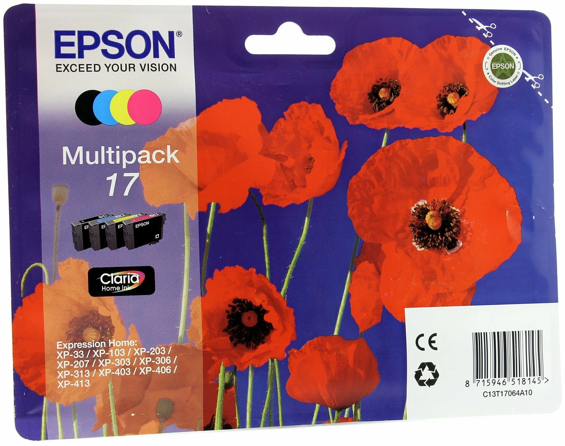 Картридж EPSON C13T17164A10 EPSON T1716 для XP-33/103/203/207/303/306/406 (4 а повышенной емкости - CMYK) HAV3-P (Claria Home 17)