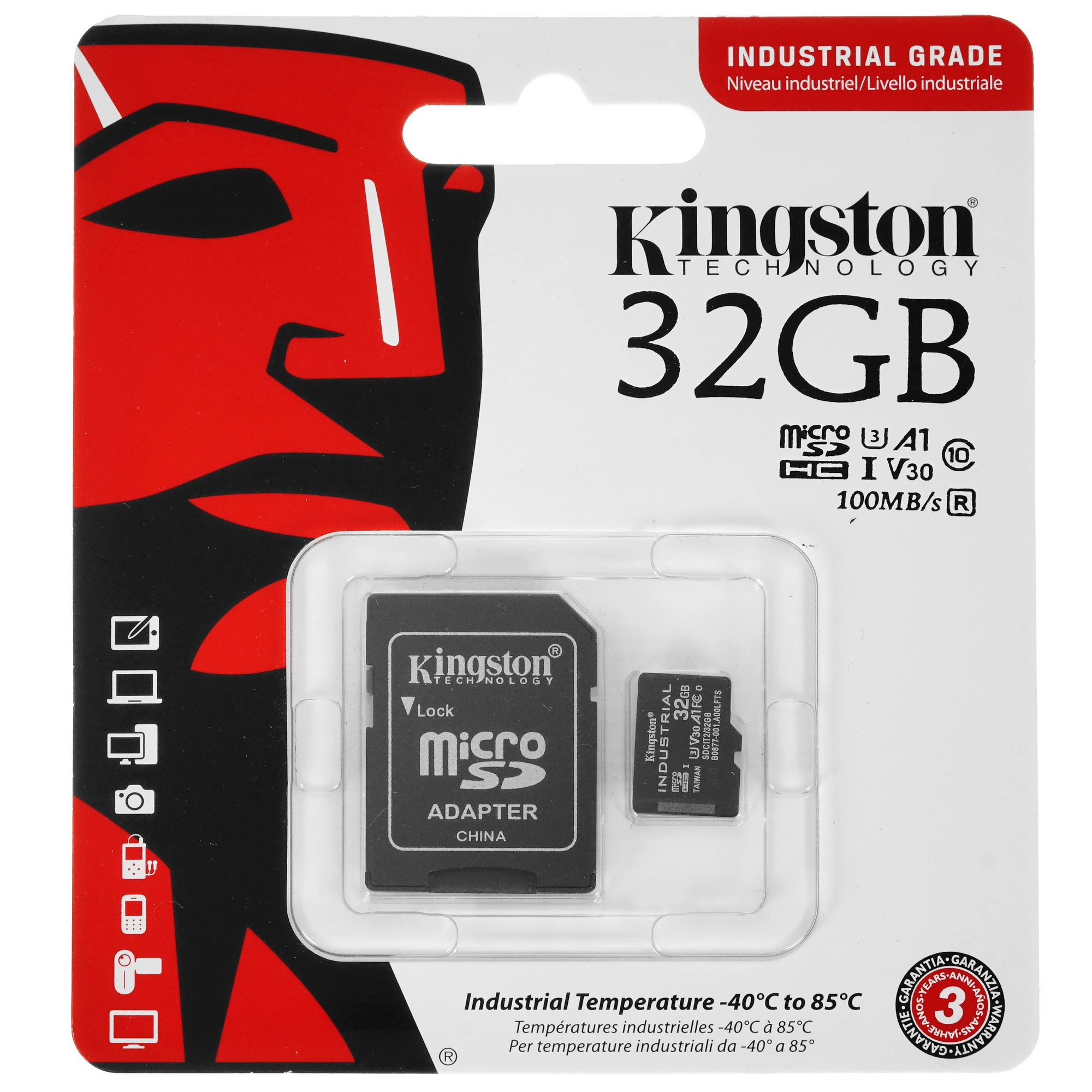 Промышленная карта памяти Micro SecureDigital 32GB Kingston, Class 10 UHS-I U3 V30 A1 TLC в режиме pSLC, темп. режим от -40? до +85?