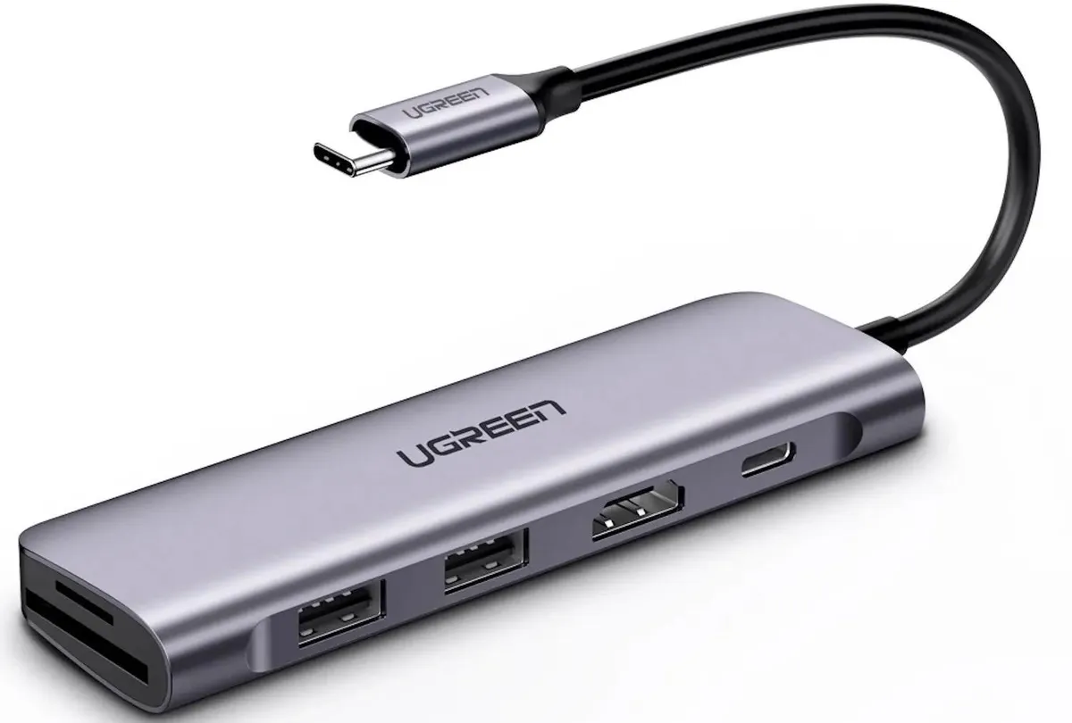 Хаб UGREEN CM195 (70411) USB-C to 2 Ports USB3.0-A Hub + HDMI + TF/SD with PD Power Supply. Цвет: серый космос