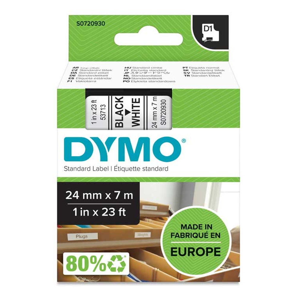 Картридж для принтера этикеток DYMO D1 S0720930/53713, 24мм х 7 м, пластиковая, черный шрифт/белая лента