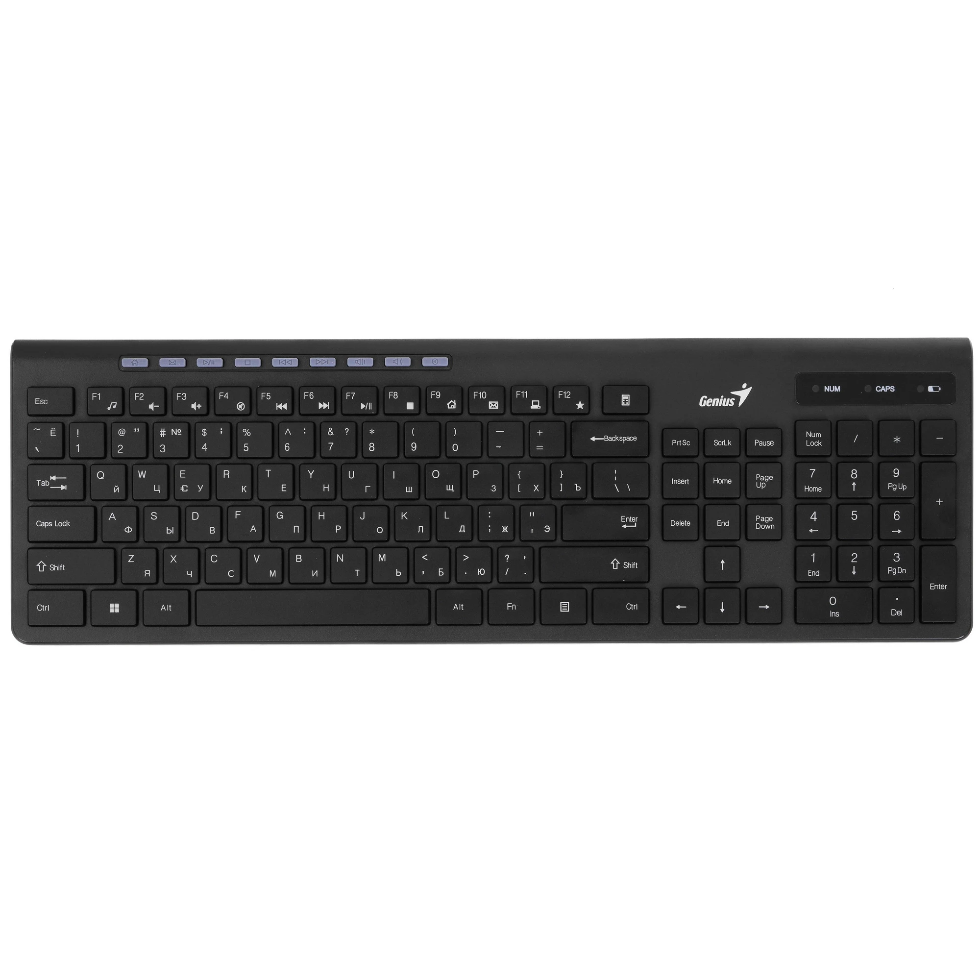 Клавиатура беспроводная мультимедийная Genius SlimStar 7230. 12 мультимедийных клавиш, тонкие клавиши, 2.4ГГц, поддержка приложения Genius Key support.
