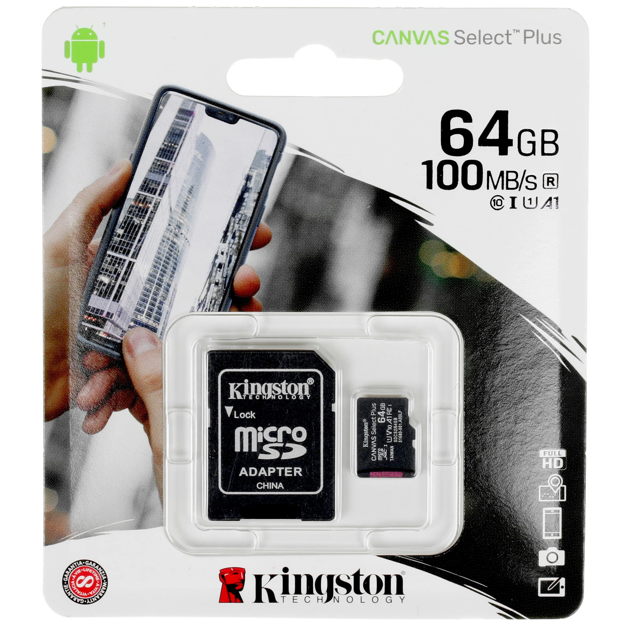 Kingston Память micro Secure Digital Card  64Gb  class10 Kingston Canvas Select Plus  CL10 UHS-I Card + SD Adapter [SDCS2/64GB]