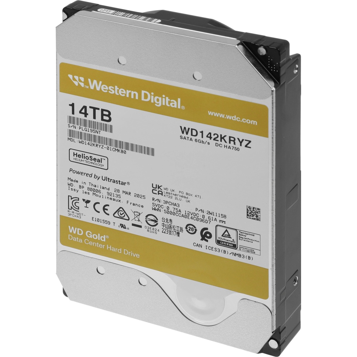 Жесткий диск Western Digital GOLD HDD SATA 14TB, 7200rpm, 512MB buffer, 512e, WD142KRYZ, 1 year