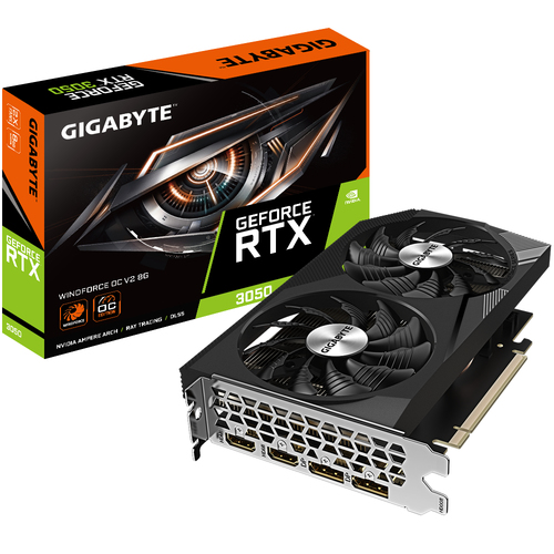 Видеокарта Gigabyte NVIDIA - GeForce RTX 3050 WindForce OC, PCI-E 4.0 16x, GDDR6 8GB 128bit, 2x HDMI, 2x DP, max 7680 x 4320 (8K), 198мм, Full Height, GV-N3050WF2OCV2-8GD