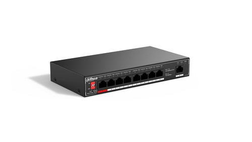 DAHUA DH-SF1009P 9-портовый неуправляемый коммутатор с РоЕ, 8xRJ45 100Mb PoE, 1xRJ45 100Mb uplink, суммарно 96Вт, коммутация 1.8 Гбит/с, MAC-таблица 2K, металл