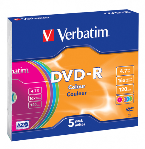 Verbatim Диски DVD-R Verbatim 16-x (Colour, Slim Case, 5шт) (43557)