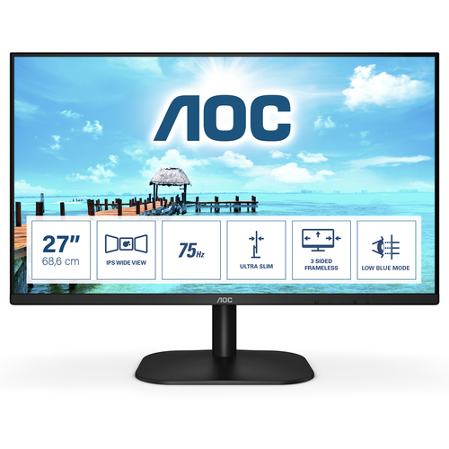 Монитор AOC 27B2H 27", тип матрицы IPS,  разрешение 1920x1080, яркость 250 кд/м2, контрастность 1000:1, время отклика 4 мс, частота обновления 75 Гц, угол обзора 178/178°, интерфейсы:  HDMI, выход наушников 3,5мм, VGA; VESA 100x100, вес  3.6кг
