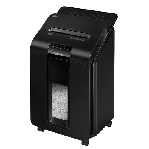 Fellowes Шредер AutoMax 100M FS-4629201 {(секр.P-4)/минирезка/100лист./23лтр./Уничт:скрепки, скобы, пл.карты,автореверс}