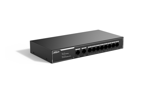 DAHUA DH-SG1010LP 10-портовый гигабитный неуправляемый коммутатор c PoE, 8xRJ45 1Gb PoE, 2xRJ45 1Gb uplink, суммарно 65Вт, коммутация 20 Гбит/с, MAC-таблица 2K, металл