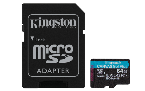 Карта памяти 64 Гб Micro SDXC Kingston Canvas Go Plus G4, Class 10 UHS-I U3 V30 [SDCG4/64GB], с адаптером