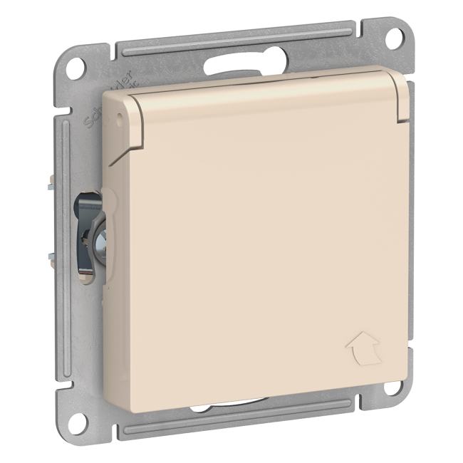 Розетка Schneider Electric ATN000246, AtlasDesign, с заземлением, со шторками, с крышкой, 16А, IP20, бежевая
