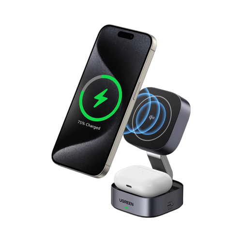 Зарядное устройство магнитное беспроводное 2-в-1 UGREEN W702 (35316) 2-in-1 Magnetic Wireless Charger for Iphone&AirPods 15W Qi2. Цвет: серый космос