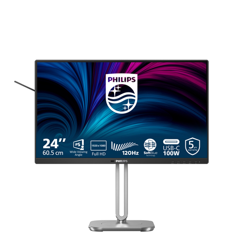 Монитор 23,8" Philips 24B2U4301 1920x1080 WLED 16:9 IPS 300cd, 1500:1, 4ms, 50M:1, 178°/178°, HDMI, DP, USB Hub: 3xUSB3.2, USB-C(100W), RJ45, Speak, 120Hz, Tilt, Height, Swivel, Pivot, Int, VESA, Charcoal, 3y