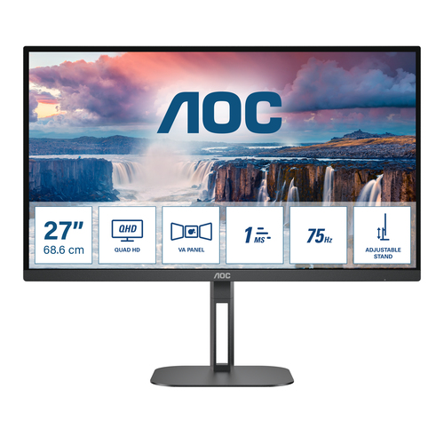 Монитор 27" AOC Q27V5N, VA 2560x1440, 75 Гц, 4 мс, 16:9, 300 кд/м², 2xHDMI, 1xDP, 2x3 Вт, черный