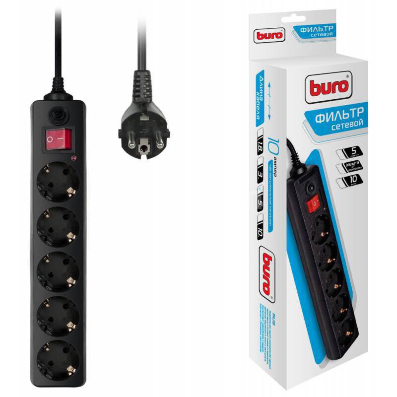 5,0м Buro 500SH-5-B (5 розеток) черный