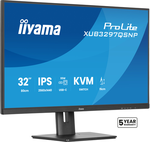 Монитор 32" Iiyama ProLite XUB3297QSNP-B1 IPS QHD, 100 Гц, 1 мс (MPRT), 16:9, 350 кд/м², HDMI 2.0, DP 1.4, USB-C (95 Вт PD), встроенные динамики (2x2.5 Вт), KVM-модуль, поворотная подставка, черный