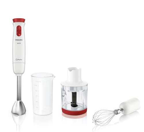 Блендер погружной PHILIPS HR1625/00, 650 Вт, 1 скорость, измельчитель 0,5 л, венчик, металлическая нога, стакан, белый/красный