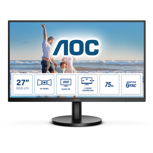 Монитор AOC - Q27B3MA, 27", 16:9, VA, 4 мс, 300cd/m², 3000:1, 2560x1440 (WQHD), 75 Гц, 1x HDMI, 1x DP, цвет чёрный, Q27B3MA