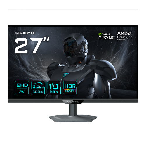 Монитор 27" Gigabyte G27Q20 IPS 2560x1440, 200 Гц, 0.5 мс, 16:9, 350 кд/м², 2xHDMI, DisplayPort, HDR, FreeSync Premium, G-Sync Compatible, Flicker Free, Low Blue Light, поворот на 90 градусов, регулировка по высоте, черный