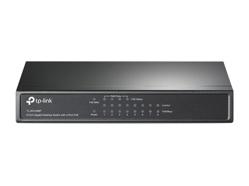 Коммутатор TP-Link, 8-портовый гигабитный, 8 гигабитных портов RJ45
+ 4 порта PoE, IEEE 802.3af, бюджет PoE 53 Вт, стальной корпус
8 портов RJ45 10/100/1000 Мбит/с, 4 порта PoE (RJ45) : поддержка 802.3 af / Порт1- Порт4  /53Вт. Потребление: 5,8 Вт (максимальная, без подключения устройств); 58 Вт (максимальная, с подключенным устройством 53 Вт)