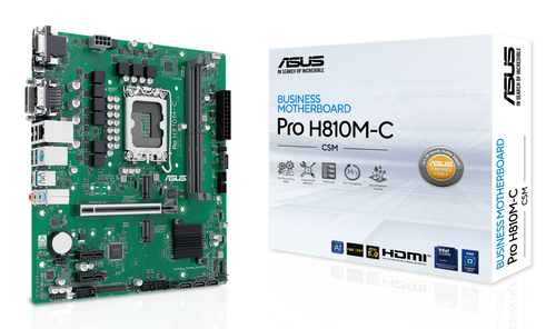 Материнская плата ASUS PRO H810M-C-CSM, LGA1851, Intel H810, 2xDDR5, 4xSATA, 2xM.2, 1xPCIe 5.0 x16, 2xPCIe 4.0 x1, 1xDP, 1xHDMI, 1xDVI-D, 1xVGA, 1x1Gb LAN, 2xUSB 10Gbps, 2xUSB-A 5Gbps, 2xUSB-A 2.0, 3x3.5 мм, 7.1, mATX