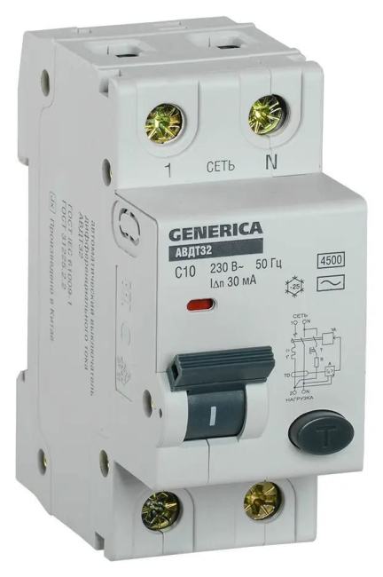 Выключатель автом. дифф. тока IEK MAD25-5-010-C-30 АВДТ 32 Generica 10A тип C 6kA 30мА AC 2П 230В 2мод  серый  (упак.:1шт