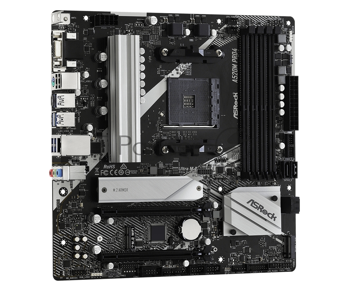 Материнская плата ASRock A520M Pro4, AM4, AMD A520, 4xDDR4, 4xSATA, 2xM.2, 1xPCIe 3.0 x16, DisplayPort, HDMI, D-Sub, 1x1Gb LAN, 3x3.5 мм, 7.1, microATX