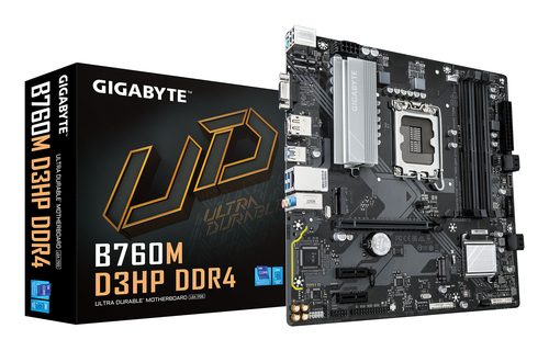 Материнская плата Gigabyte B760M D3HP DDR4, LGA1700, Intel®B760, 4xDDR4-3200, D-SUB+HDMI+DP, 1xPCI-Ex16, 2xPCI-Ex1, 4xSATA3(RAID 0/1/5/10), 2xM.2, 8Ch Audio, GLan, (2+4)xUSB2.0, (3+2)xUSB3.2, (0+1)xUSB3.2 Type-C™, 1xPS/2, ATX, RTL bp (B760M D3HP DDR4 плохая упаковка)