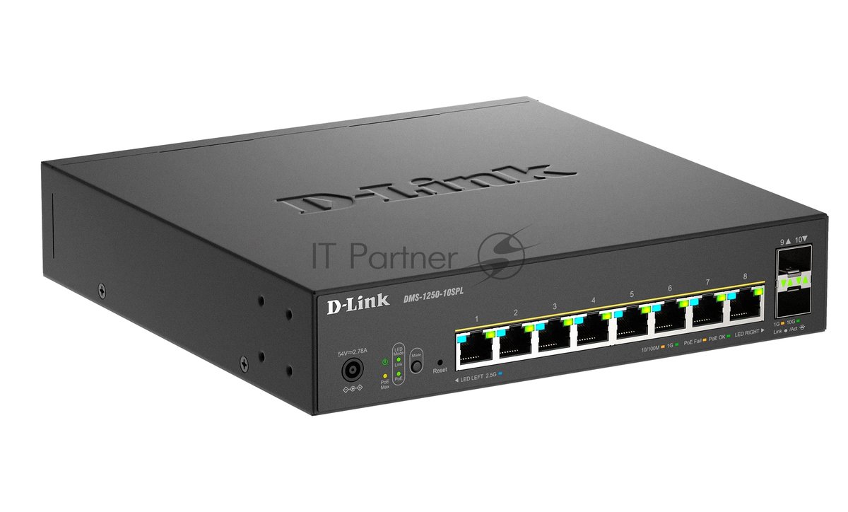 Коммутатор D-Link DMS-1250-10SPL/A1A/6KV, 8×2,5 Гбит/с PoE (2×60 Вт PoE++) + 2×10 Гбит/с SFP+, управляемый